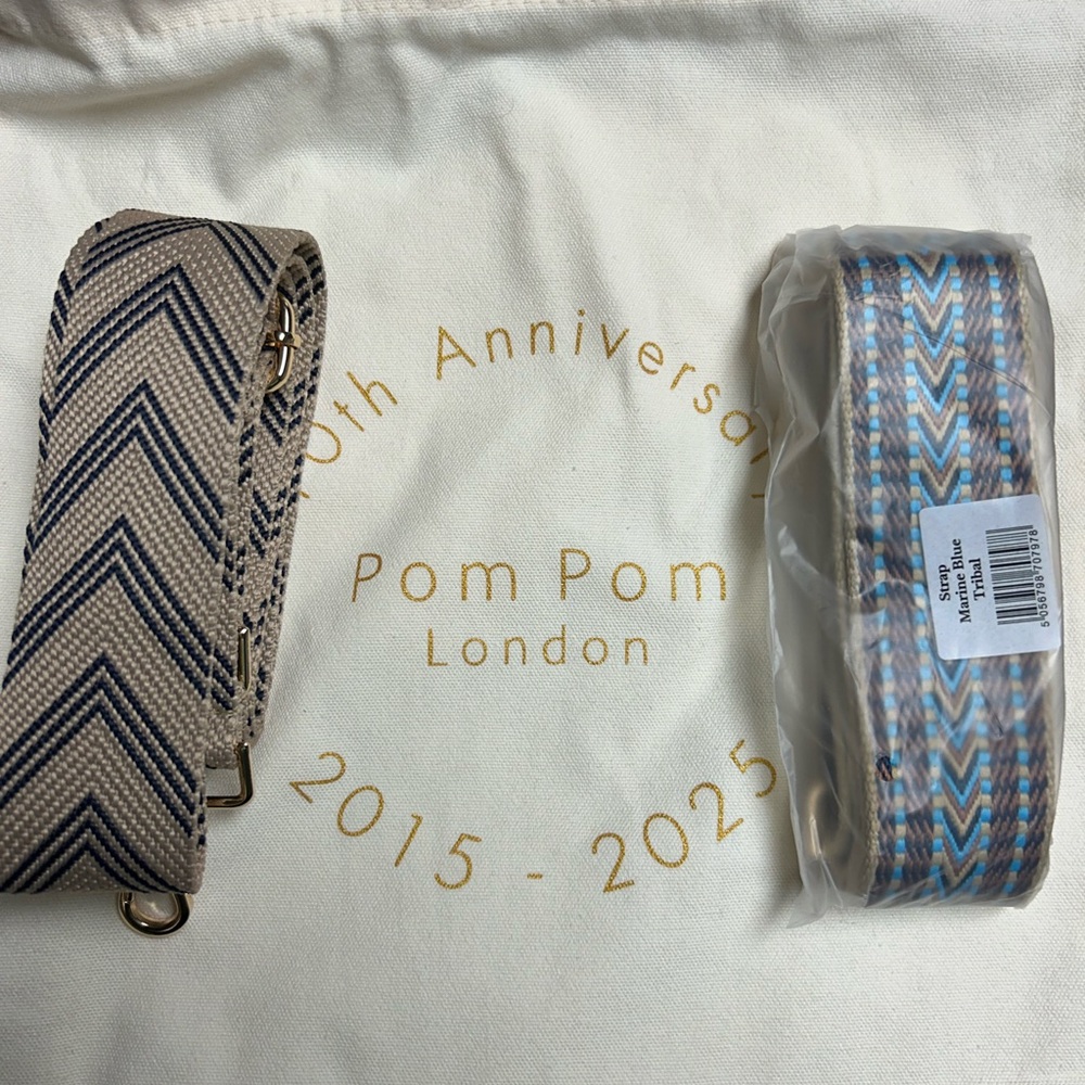 Pom Pom London Chevron and woven blue hues Bag Straps gold metal